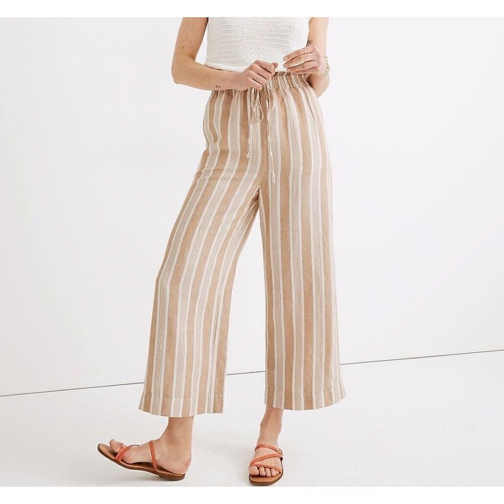 MADEWELL Pants Womens Medium Tan Striped Linen Viscose Crop Drawstring AJ393